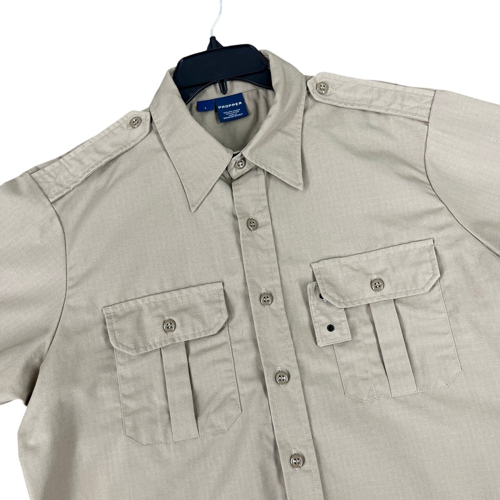 Propper Tactical Uniform Short Sleeve Shirt Khaki Cargo Epaulets Ripstop L Mens